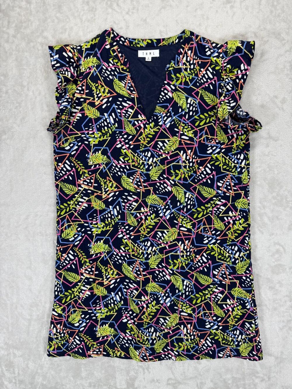 THML Dress Medium‎ Navy Geometric Leaf Print Ruffle Sleeve Shift Dress Boho